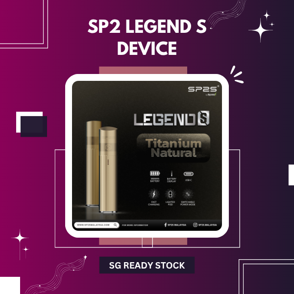 SP2S Legend S vape device in Titanium Black with LED battery indicator and USB-C port, premium SG vape pod starter kit