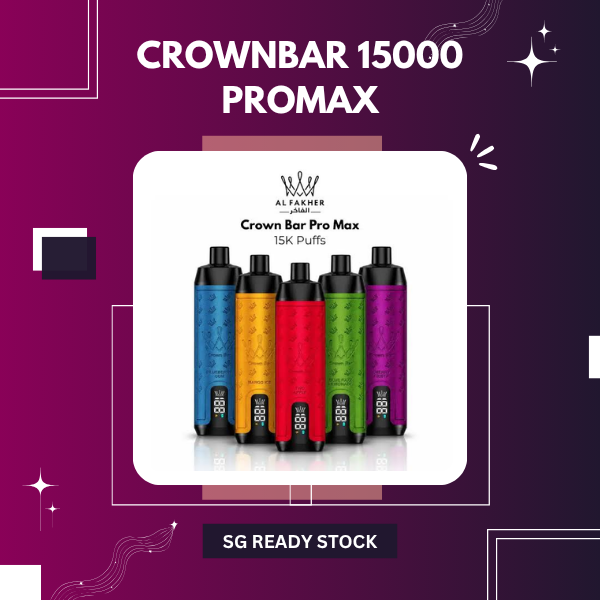 Al Fakher Crown Bar 15000 Pro Max disposable vape with LED display screen showing shisha flavors