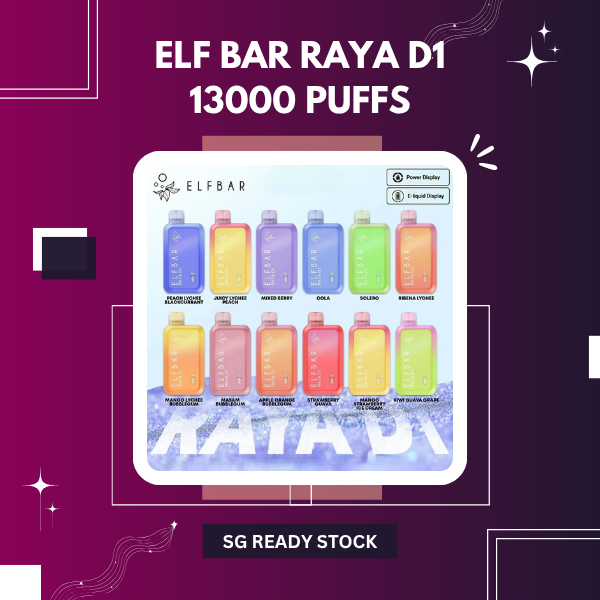 Elf Bar Raya D1 13000 Puffs disposable vape in Black Gold edition showing the smart screen display