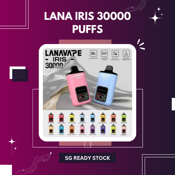 Lana Iris 30000 Puffs disposable vape device showing smart e-liquid battery display and adjustable airflow lever