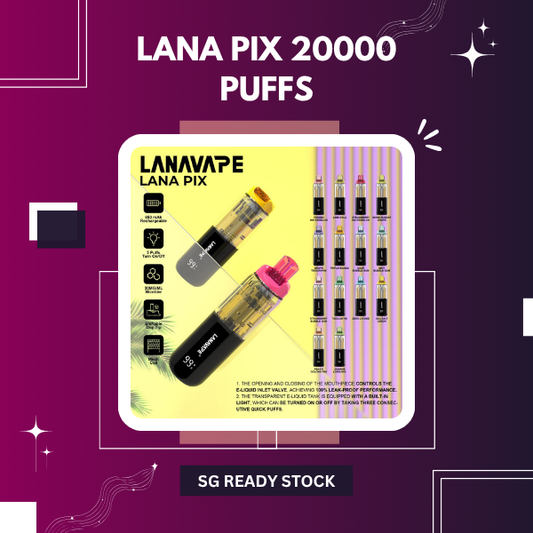 Lana Pix 20000 Puffs disposable vape featuring 15ml transparent e-liquid tank, shiftable drip tip, and smart digital screen display