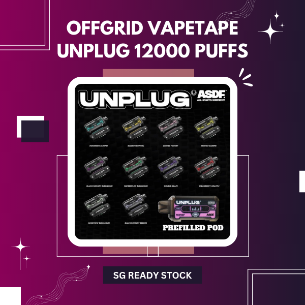 Offgrid Vapetape Unplug 12000 Puffs disposable vape pod kit showing retro cassette design and digital battery screen