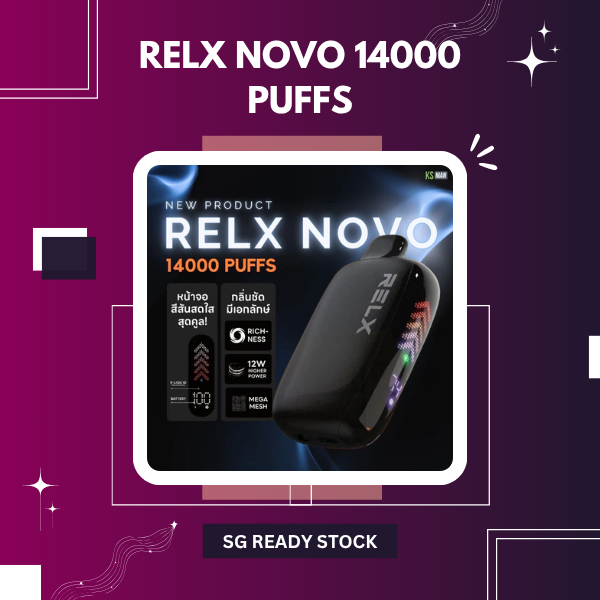 RELX Novo 14000 Puffs Disposable Vape device with full LED screen display and adjustable airflow