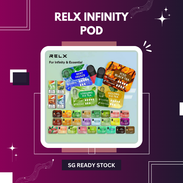 Close-up view of authentic Relx Infinity Pods showing the ergonomic mouthpiece, leak-resistant structural base, and magnetic connection points.