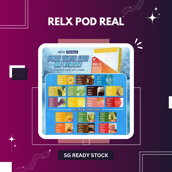 Authentic RELX Pod Real packaging showing the see-through e-liquid tank design