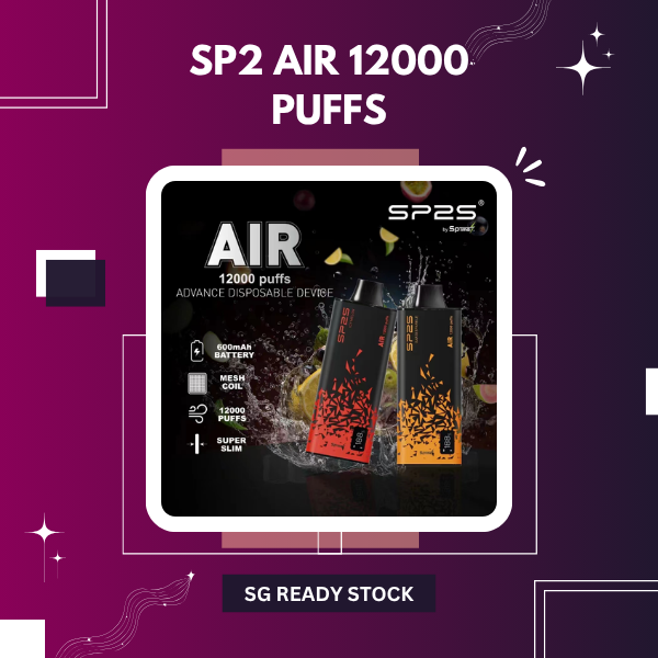SP2S Air 12000 Puffs disposable vape pod with sleek black and blue geometric design and battery level indicator display