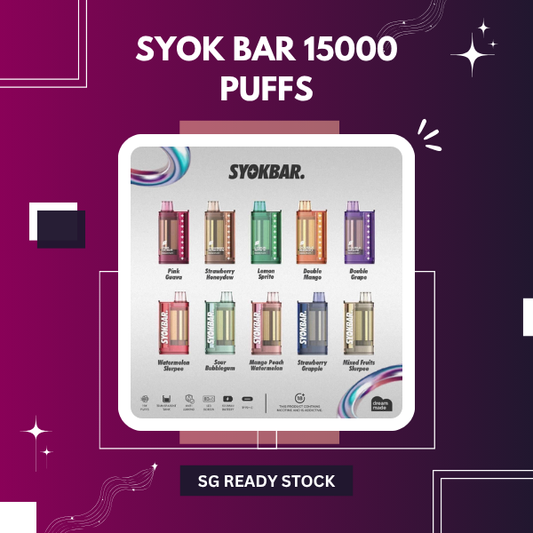 Syok Bar 15000 Puffs disposable vape pod with transparent tank design showing ultra icy fruit e liquid flavors