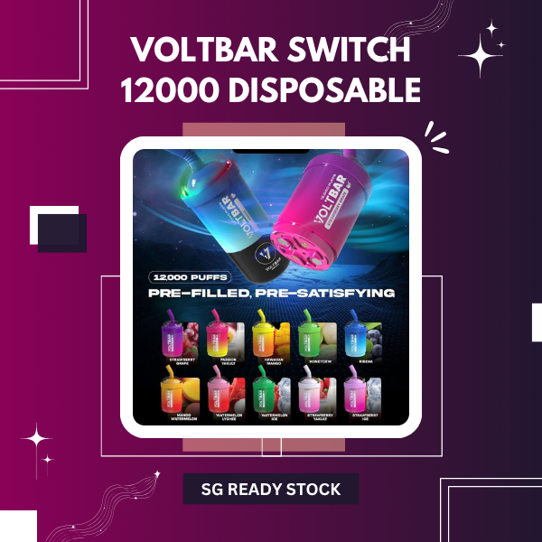Voltbar Switch 12000 Puffs disposable vapes showing various gradient-colored flavor pods with black reusable battery bases.